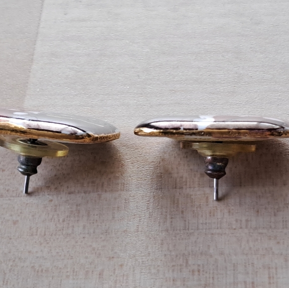 Hand Painted Ceramic Earrings MODERNIST Abstract Cranberry Dark Gray White Gold - Picture 6 of 8